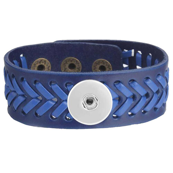 Blue leather snap bracelet with woven design and silver snap button, adjustable unisex wristband for interchangeable snap charms, trendy handmade accessory for casual and boho style.