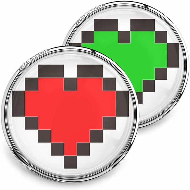 SnapAccents snap jewelry featuring two interchangeable pixelated heart designs in red and green, round silver-tone metal snaps, perfect for customizable charm bracelets, necklaces, and accessories, ideal for gamers and pixel art lovers seeking unique, modern, and playful jewelry accents.