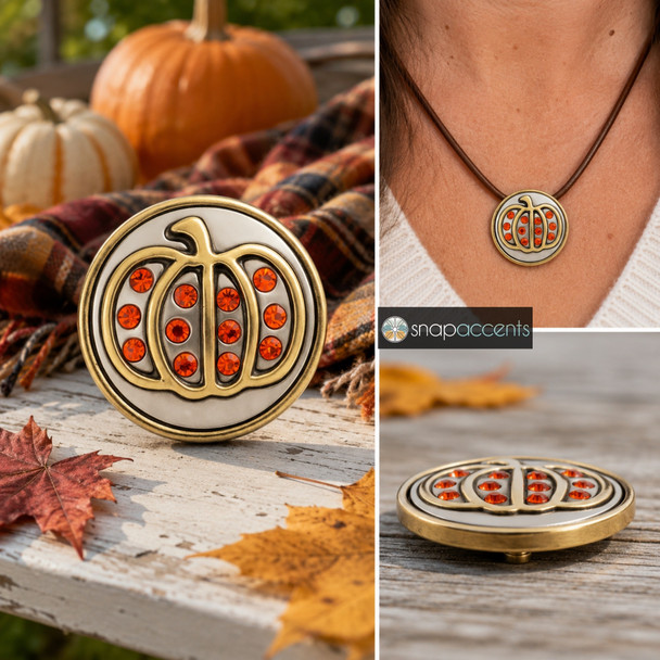 Brass snap jewelry charm with a pumpkin outline accented by bright orange rhinestones, shown loose and worn on a brown cord necklace
