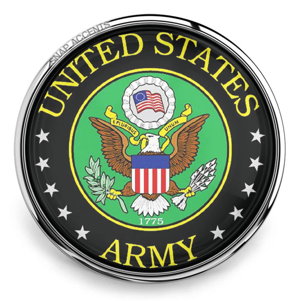 SnapAccents United States Army snap jewelry charm featuring the official Army emblem with eagle, shield, and stars, patriotic military accessory for snap bracelets and interchangeable jewelry, perfect gift for veterans and Army supporters.