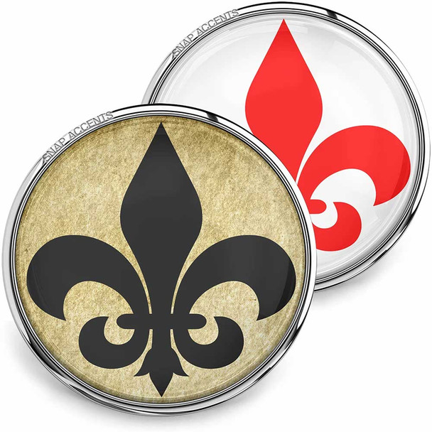SnapAccents snap jewelry set featuring two interchangeable round snaps with fleur-de-lis designs; one with a vintage beige background and black fleur-de-lis, the other with a white background and red fleur-de-lis, perfect for customizable snap charm bracelets or accessories.
