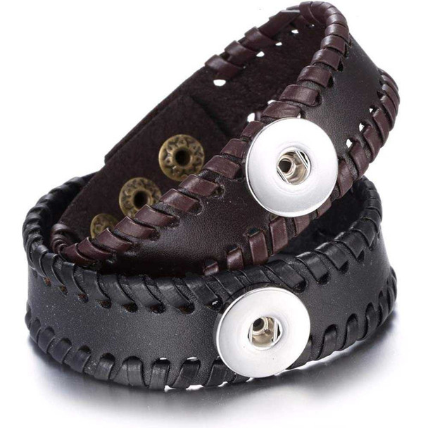 Two SnapAccents snap leather bracelets in black and dark brown with stitched edges and silver snap button closures, adjustable for wrist size, stylish unisex accessory for customizable snap jewelry charms.