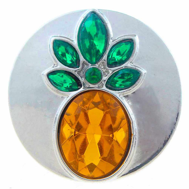 Silver SnapAccents snap jewelry charm with faceted amber oval gem and green teardrop-shaped accents, designed for interchangeable snap button bracelets and accessories.