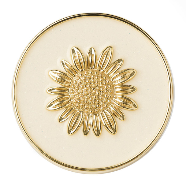 18mm snap jewelry charm with a cream background and a gold stamped sunflower design in the center