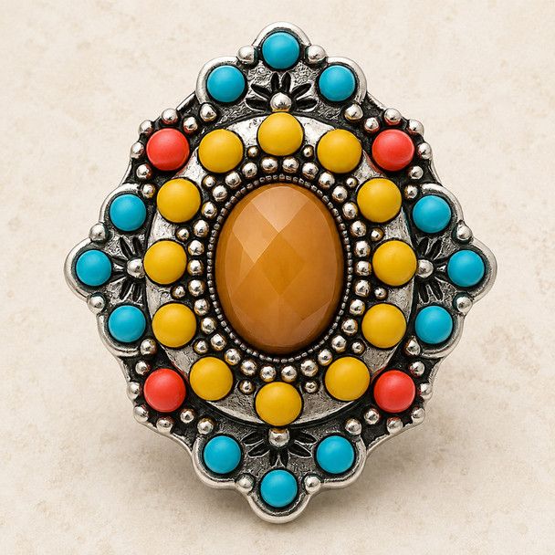 Antique bead snap jewelry charm with a faceted brown oval center surrounded by yellow, aqua, and coral round beads in a silver ornate setting