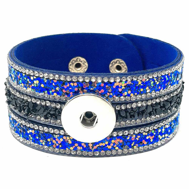 Blue and black snap jewelry bracelet with sparkling rhinestones and glitter accents, adjustable snap button closure, trendy accessory for women, handmade fashion wristband for casual and party wear.