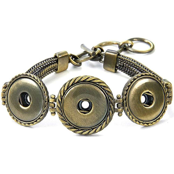 Antique bronze snap button bracelet with three round decorative snap bases, adjustable chain clasp, and intricate braided metal band, designed for interchangeable snap jewelry charms.