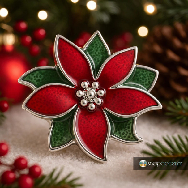 Red and green poinsettia snap jewelry charm with silver accents and rhinestone center, festive holiday accessory by SnapAccents, Christmas-themed snap button for bracelets or necklaces, detailed enamel flower design perfect for seasonal jewelry collections.
