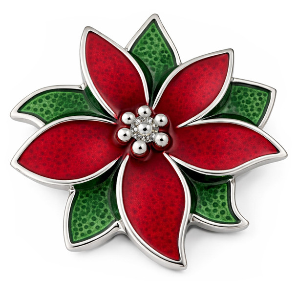 Poinsettia flower snap jewelry charm with red and green enamel petals outlined in silver tone and silver bead accents in the center