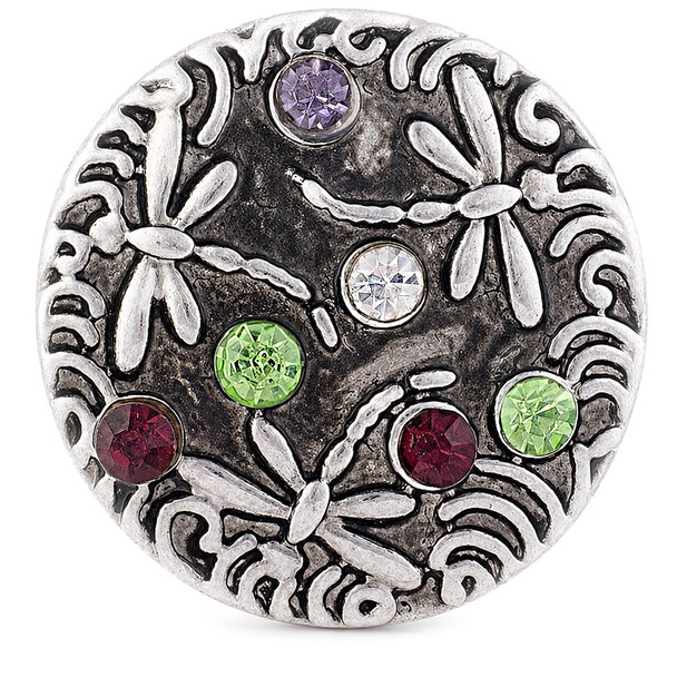 round snap jewelry charm with silver dragonfly designs and six colorful rhinestones in purple, green, red, and clear on a textured gray background