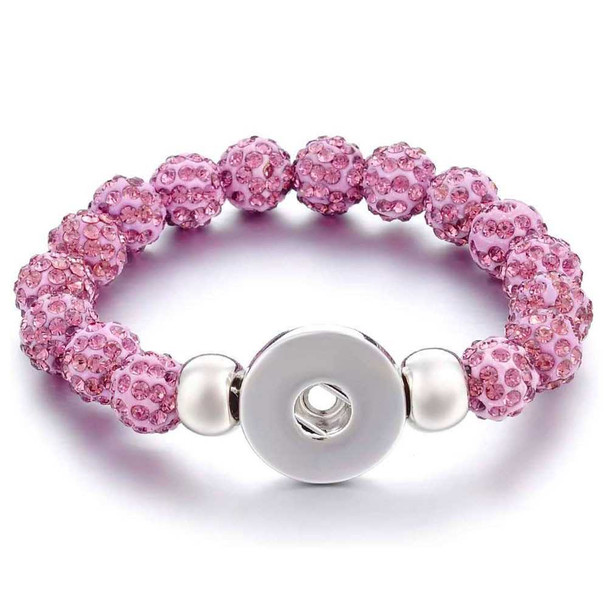 Pink crystal rhinestone beaded snap bracelet with silver-tone snap button base, stretchy elastic band, trendy charm jewelry accessory for women and girls.