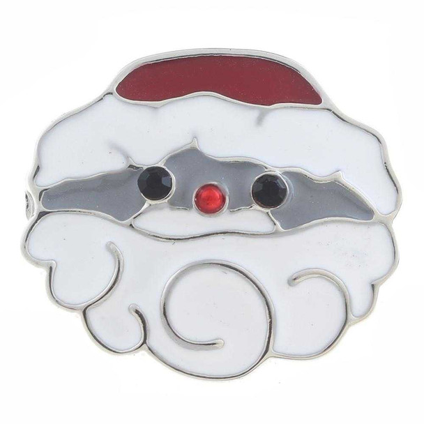 SnapAccents festive snap jewelry charm featuring a stylized Santa Claus face with red hat, white beard, black eyes, and red nose, perfect for holiday-themed interchangeable snap bracelets, necklaces, and accessories.