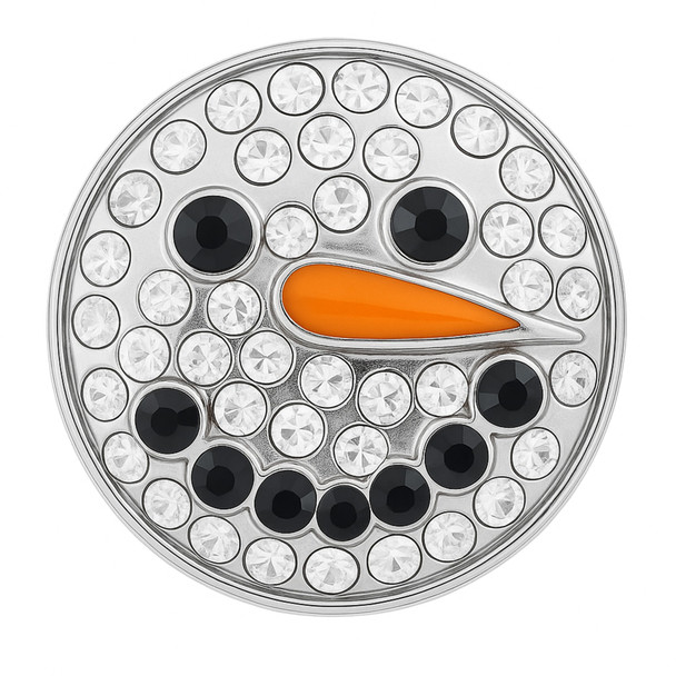 round snap jewelry charm with clear rhinestones forming a snowman face with black eyes and mouth and an orange carrot-shaped nose