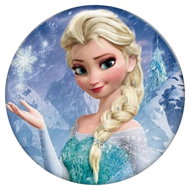 18mm round snap jewelry charm featuring Elsa from Frozen in a blue dress with snowflakes and an icy castle background
