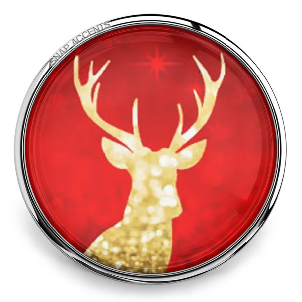 SnapAccents snap jewelry charm featuring a gold glitter reindeer silhouette on a vibrant red background with a shining star, perfect for holiday-themed interchangeable snap bracelets and accessories.