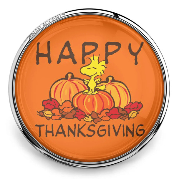 Orange SnapAccents snap jewelry charm featuring Woodstock character standing on pumpkins with autumn leaves and "Happy Thanksgiving" text, festive fall holiday design.