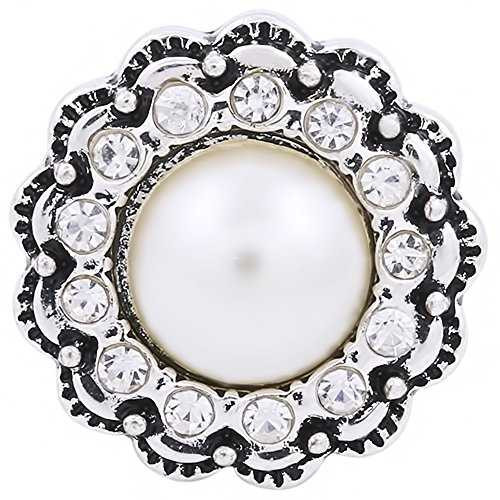 SnapAccents snap jewelry charm featuring a central pearl surrounded by clear rhinestones in an ornate silver-tone floral design, perfect for interchangeable snap bracelets, necklaces, and accessories.