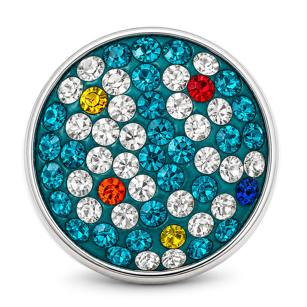 round snap jewelry charm with teal base featuring multicolor rhinestones in blue, clear, yellow, red, orange, and dark blue arranged in a scattered pattern