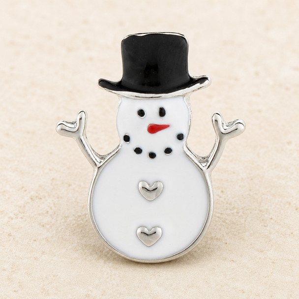 white enamel snowman snap jewelry charm with black top hat, red nose, black eyes and mouth dots, and two silver heart-shaped buttons