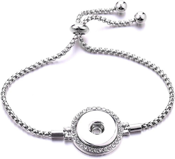 silver-tone adjustable slider strand snap jewelry bracelet with rhinestones encircling the round snap holder