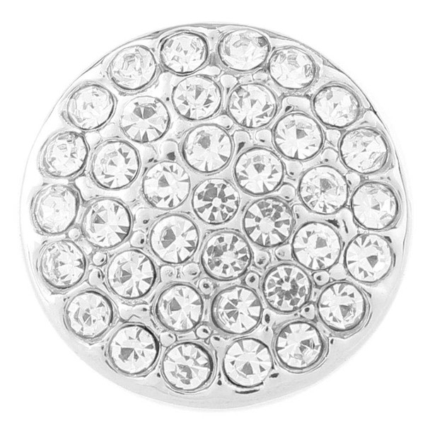 Round silver snap charm with multiple clear sparkling rhinestones, SnapAccents interchangeable jewelry accessory, decorative button for bracelets, necklaces, and fashion customization.