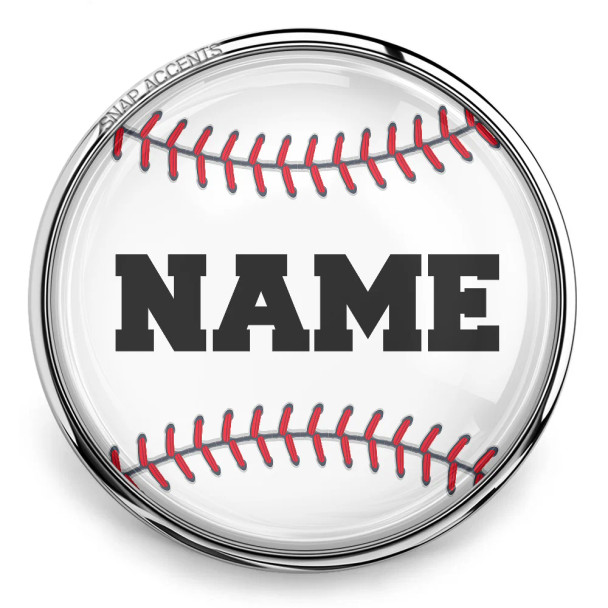 Baseball-themed SnapAccents snap jewelry charm with red stitching detail and customizable name text, perfect for sports fans and personalized accessory collections.