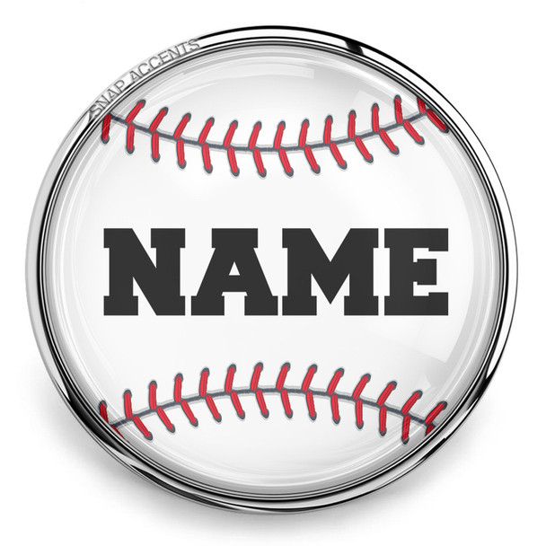 round snap jewelry charm with a white background, red baseball stitching, and bold black text reading NAME in the center