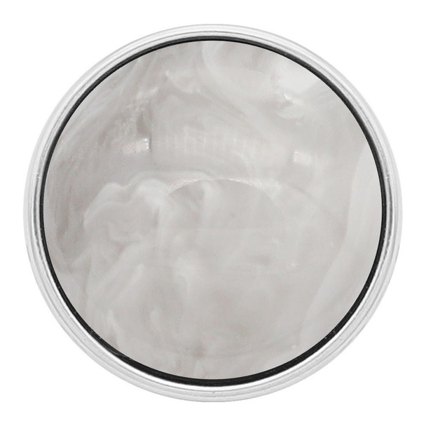 Round SnapAccents snap jewelry charm with white pearlescent swirl design, silver-tone metal frame, interchangeable decorative accessory for snap bracelets, necklaces, and rings, stylish and versatile fashion embellishment.