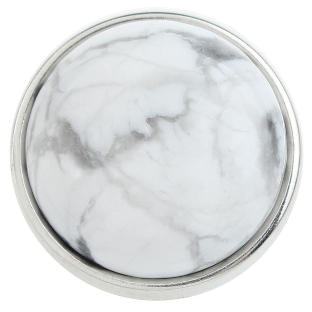 Round SnapAccents snap jewelry charm with white marble pattern and silver metal frame, interchangeable accessory for snap bracelets, necklaces, and rings, stylish and versatile fashion piece.