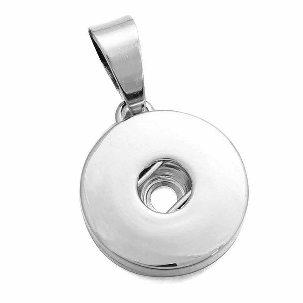 Silver snap charm pendant base for interchangeable SnapAccents jewelry, round metal design with center hole for customizable snap buttons, stylish DIY accessory for necklaces and bracelets.