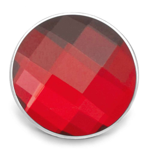 Red faceted glass snap charm with silver-tone metal base, round shape, vibrant deep red color, interchangeable jewelry accessory for SnapAccents bracelets and necklaces, stylish and elegant fashion statement piece.