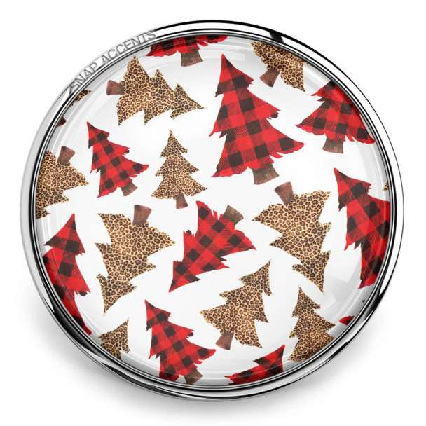 SnapAccents snap jewelry charm featuring red buffalo plaid and leopard print Christmas trees on white background, interchangeable decorative accessory for bracelets and necklaces, festive holiday design.