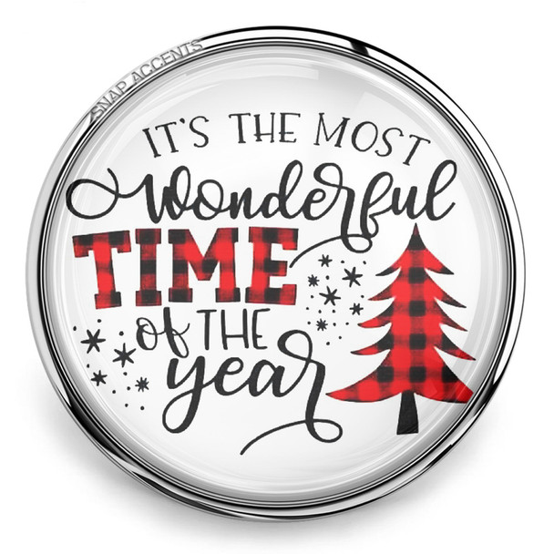 18MM snap jewelry charm with the phrase It's The Most Wonderful Time Of The Year and a red and black plaid Christmas tree design