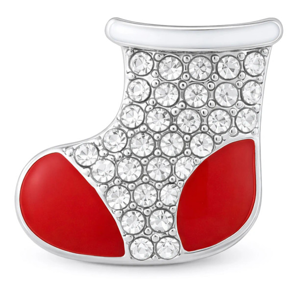 Silver-tone Christmas stocking snap charm with clear rhinestones and red enamel accents, festive holiday jewelry accessory for snap bracelets and necklaces.