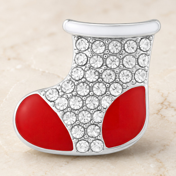 Christmas stocking snap jewelry charm with bright red enamel heel and toe and clear rhinestones on the body