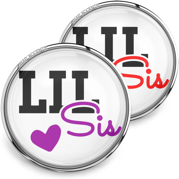 SnapAccents snap jewelry featuring two interchangeable "LIL Sis" designs with bold black letters, one with a purple heart and purple script, the other with red script, perfect for little sister gifts, sibling accessories, and personalized snap charm collections. Clear glass dome with silver metal rim, ideal for Etsy and Google SEO.
