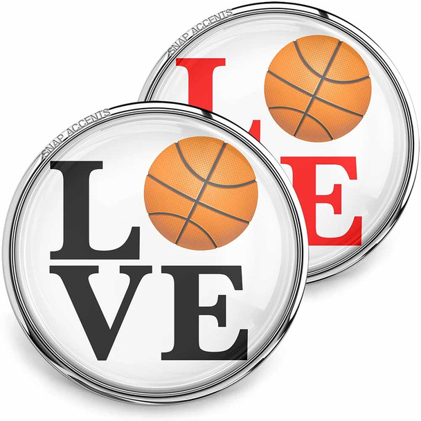 SnapAccents snap jewelry featuring "LOVE" design with a basketball replacing the letter "O," available in black and red text, perfect for basketball fans and sports lovers, interchangeable snap charm for bracelets or accessories, clear round glass dome with silver metal rim.