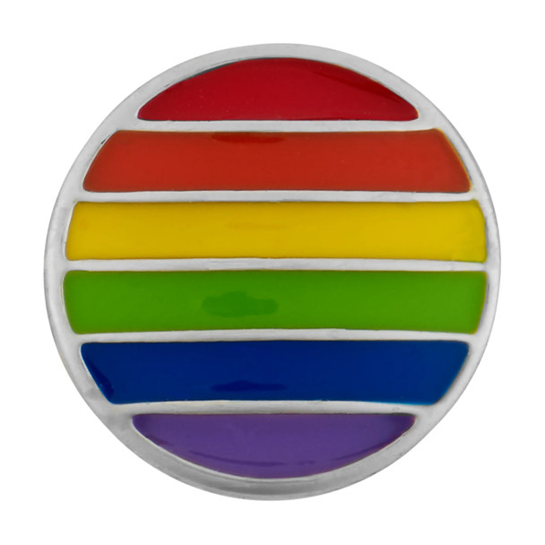 round snap jewelry charm with horizontal enamel stripes in red, orange, yellow, green, blue, and purple separated by silver lines