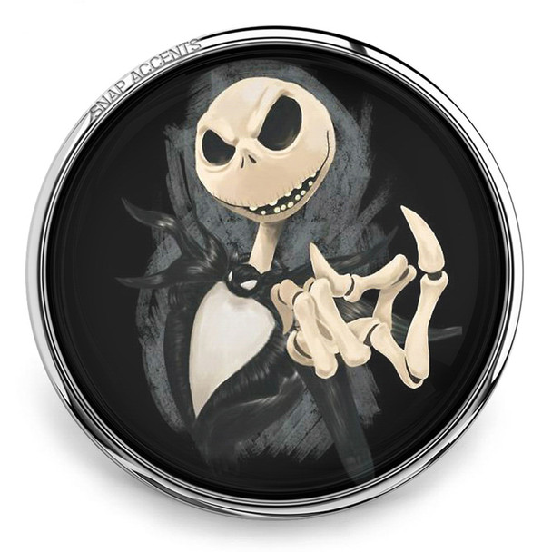 round snap jewelry charm featuring Jack Skellington from The Nightmare Before Christmas with a black and white design and outstretched finger