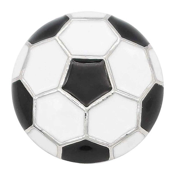 SnapAccents black and white soccer ball snap charm, round enamel sports-themed jewelry accessory, interchangeable snap button for bracelets and necklaces, perfect for soccer fans and athletes, durable metal and enamel design, unisex sports snap jewelry piece.