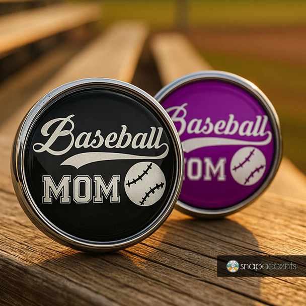 Baseball Mom snap jewelry pieces by SnapAccents, featuring black and purple interchangeable snap buttons with white baseball and stylish "Baseball Mom" text, perfect for sports moms, baseball fans, and personalized accessory lovers.