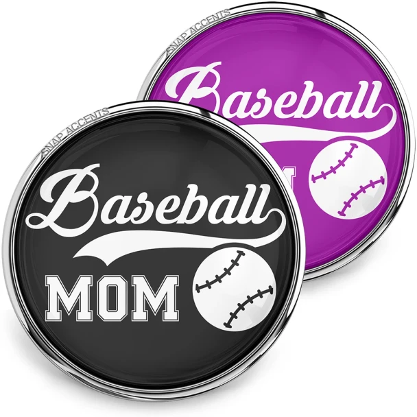 Baseball Mom snap jewelry pieces by SnapAccents, featuring black and purple interchangeable snap buttons with white baseball and stylish "Baseball Mom" text, perfect for sports moms, baseball fans, and personalized accessory lovers.