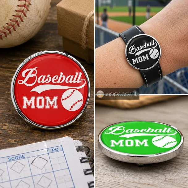 Baseball Mom snap jewelry pieces by SnapAccents, featuring black and purple interchangeable snap buttons with white baseball and stylish "Baseball Mom" text, perfect for sports moms, baseball fans, and personalized accessory lovers.