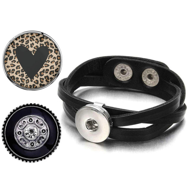 Black leather wrap snap bracelet with interchangeable snap charms, including leopard print heart design and ornate silver-tone medallion, stylish adjustable jewelry accessory for women, trendy customizable wristband gift idea.