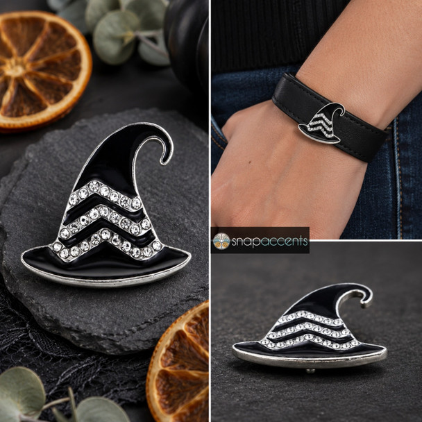 Black enamel witch hat snap jewelry charm with three rows of clear rhinestones in a zigzag pattern, shown loose and on a black leather bracelet.