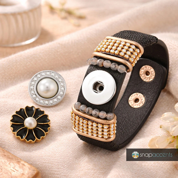 Custom Snap Jewelry Snap Set - Black Leather Bling Bracelet, 2 Snaps (#01) Ginger Charm Magnolia Vine Button by SnapAccents