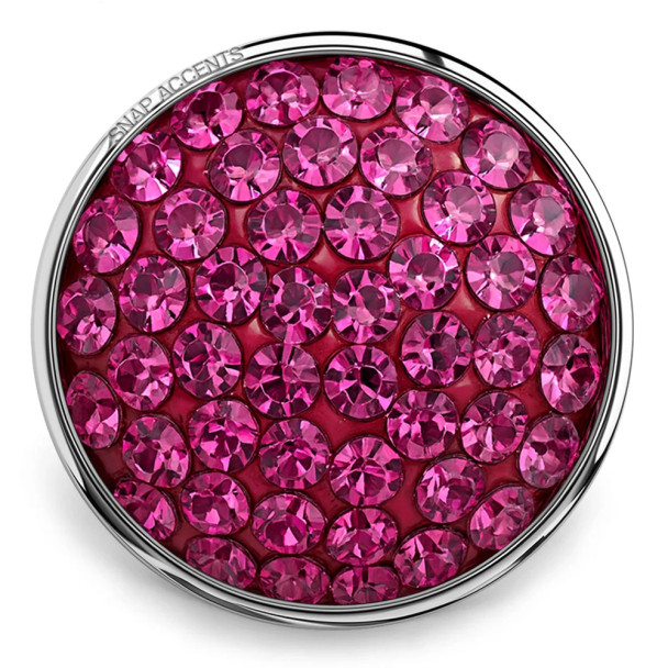 Round SnapAccents snap jewelry charm with vibrant pink rhinestones set in silver-tone metal, perfect for interchangeable snap bracelets, necklaces, and accessories.