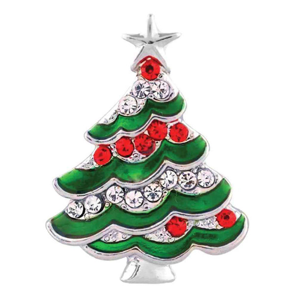 Christmas tree snap charm with green enamel, red and clear rhinestones, silver-tone metal, festive holiday jewelry accessory for SnapAccents snap bracelets and necklaces.