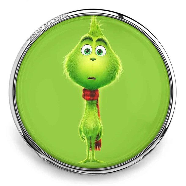 SnapAccents round snap jewelry charm featuring a cute green Grinch character with big eyes and a red scarf on a bright green background, perfect for holiday-themed interchangeable snap bracelets and accessories.