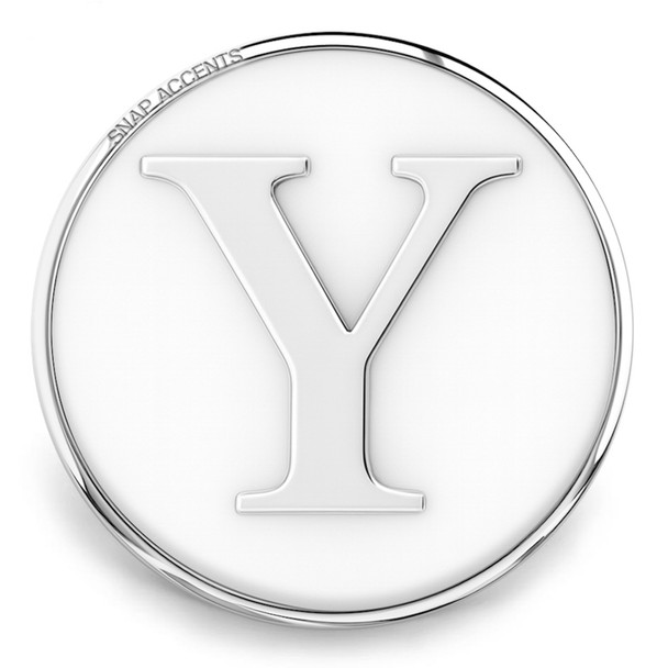SnapAccents silver snap jewelry charm featuring a bold uppercase letter Y, polished metal finish, interchangeable accessory for bracelets and necklaces, personalized initial charm for custom jewelry gifts.